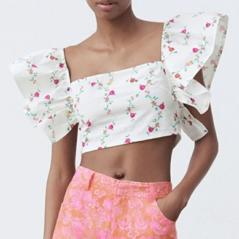 Zara Floral Ruffle Crop Top Women S White Coquette Cottagecore Romantic Boho